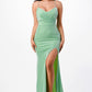 Front view of a mint mermaid gown with a side slit and delicate spaghetti straps.
