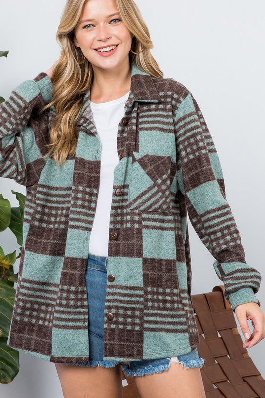 plus-size mint plaid shacket with soft fuzzy texture
