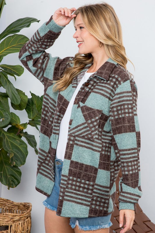 warm mint wool-touch plaid shacket for layering
