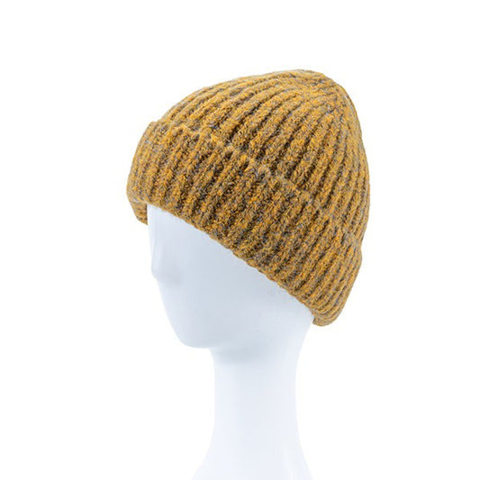 Textured mustard beanie with multi-colored thread detail

