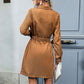 Casual mocha belted dress with button details and a chic, tailored look.
