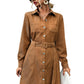 Mocha button-front dress with a self-tie belt and flap pockets, perfect for casual outings.
