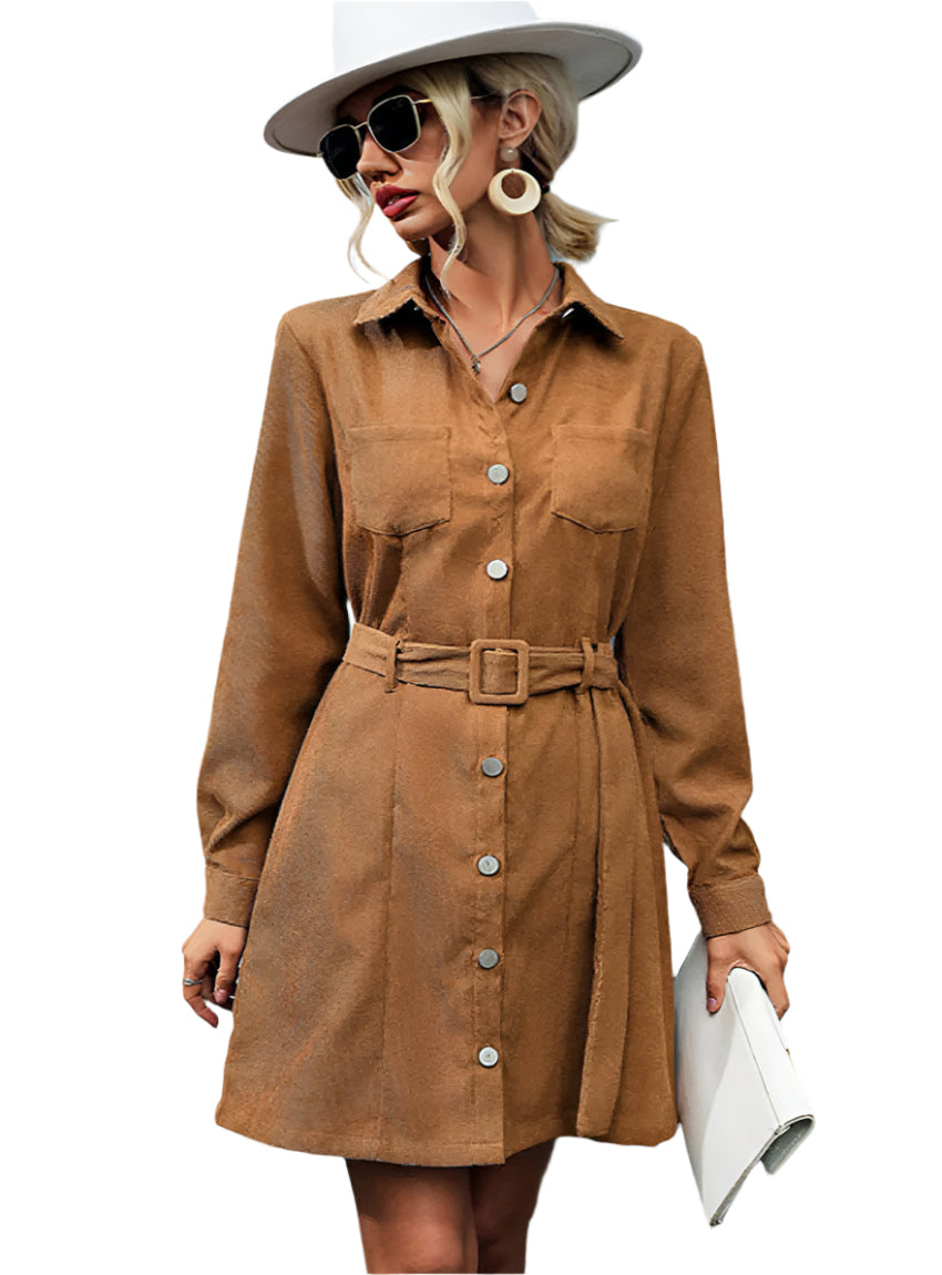 Mocha button-front dress with a self-tie belt and flap pockets, perfect for casual outings.
