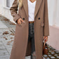 Stylish mocha overcoat layered with a sweater for fall fashion.
