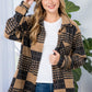 warm mocha plaid flannel shacket, oversized fit for layering
