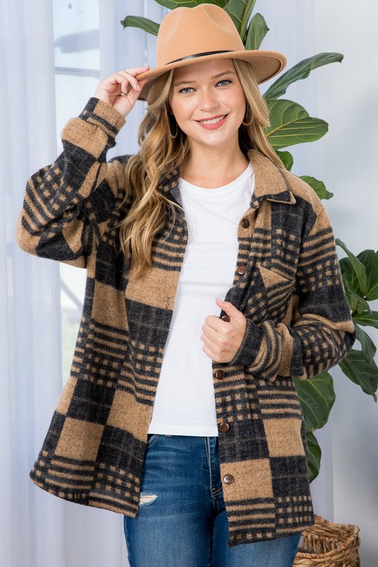 warm mocha plaid flannel shacket, oversized fit for layering
