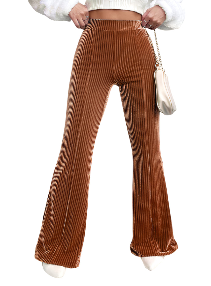 High-waist corduroy flare pants in mocha for a retro-inspired look.
