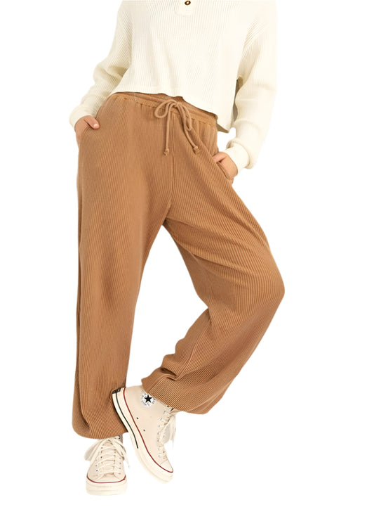 Mocha high-waisted sweatpants with drawstring detail.
