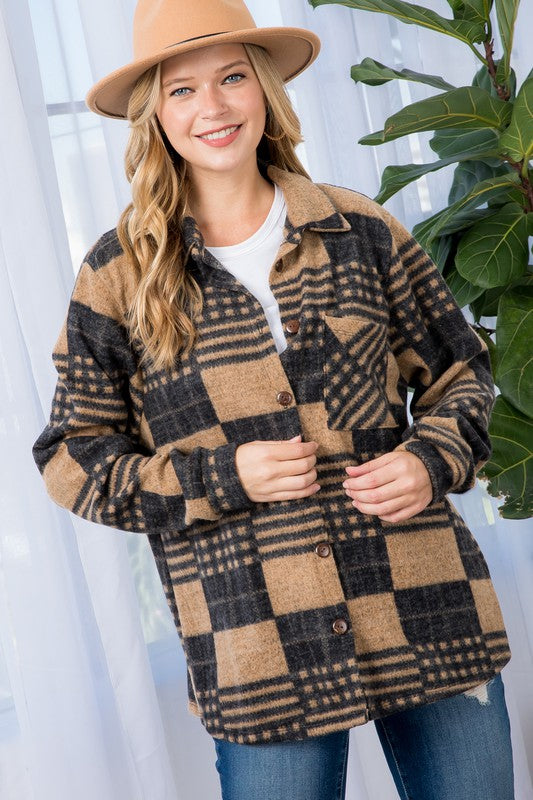 plus-size mocha plaid shacket with cozy wool-like texture
