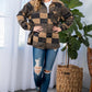 oversized mocha plaid flannel shacket, ideal for cool fall days
