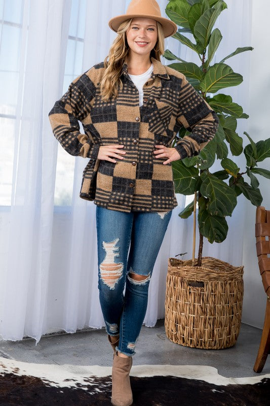 oversized mocha plaid flannel shacket, ideal for cool fall days
