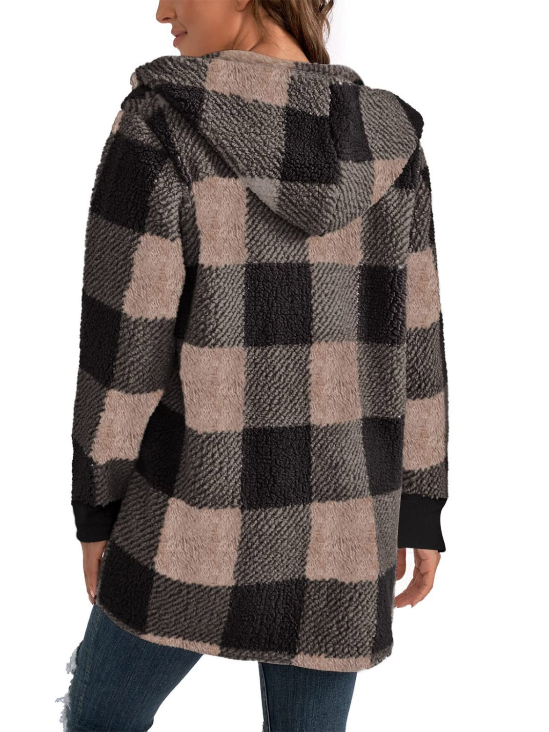 Mocha plaid jacket with hood, perfect for fall and winter
