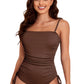 Front view of mocha ribbed knit monokini with adjustable straps
