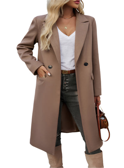 Front view of mocha single-breasted overcoat with a lapel collar design.
