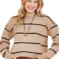 Front view of mocha striped contrast knit sweater with ribbed trim.
