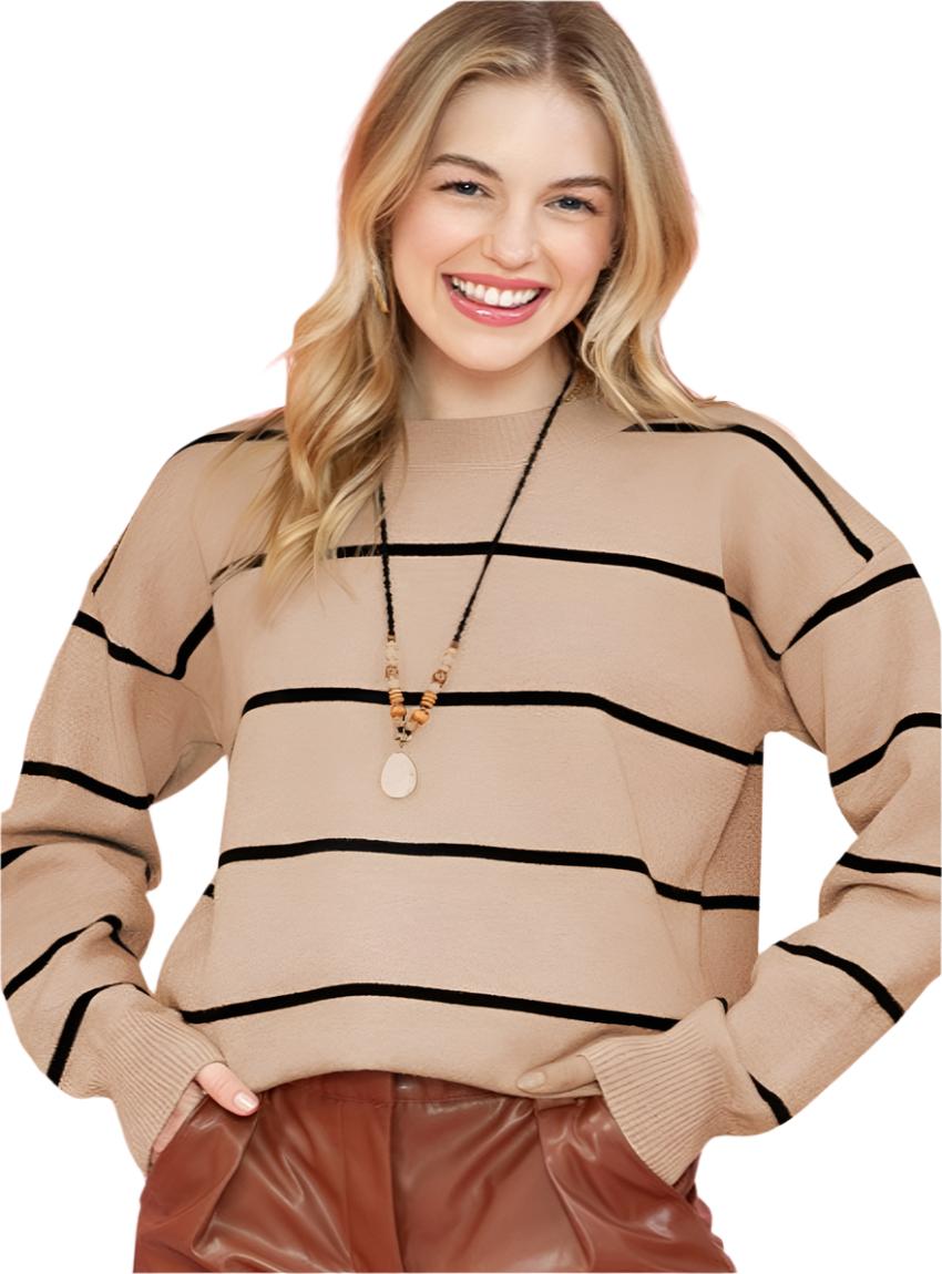 Front view of mocha striped contrast knit sweater with ribbed trim.
