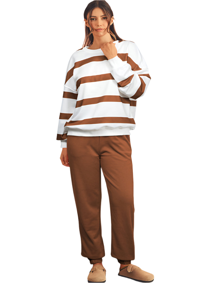 Women’s mocha striped jogger set with pullover and elastic waist pants
