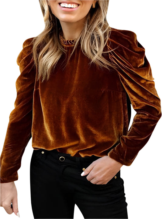 Front view of a mocha velvet frill neck top with long sleeves.
