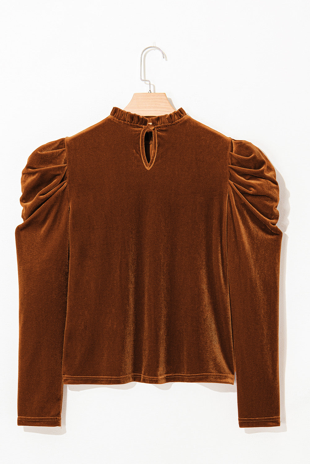 Mocha velvet frill neck top showing the keyhole back detail.
