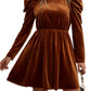 Mocha velvet mini dress with dramatic gigot sleeves and frilled neckline
