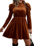 Mocha velvet mini dress with dramatic gigot sleeves and frilled neckline
