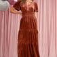 Luxurious mocha velvet maxi dress featuring a shirred waist and pockets
