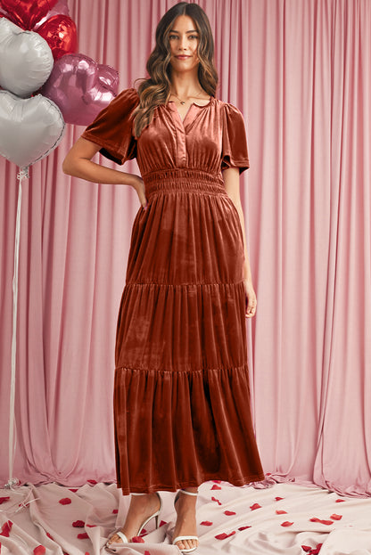 Luxurious mocha velvet maxi dress featuring a shirred waist and pockets
