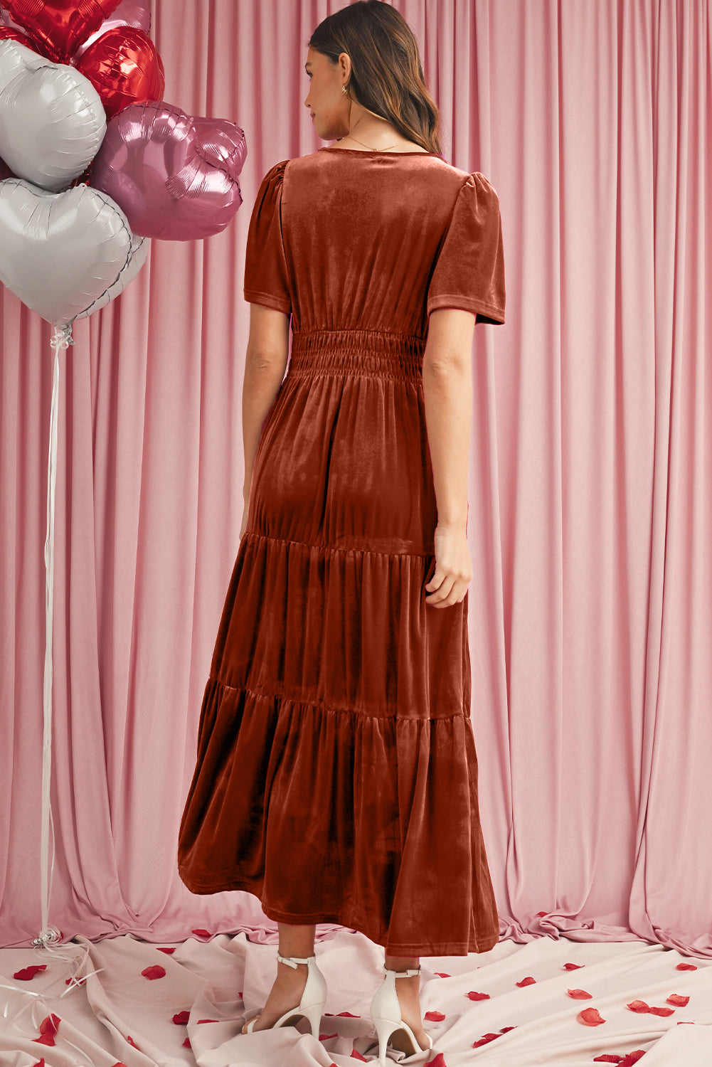 Back view of mocha velvet tiered maxi dress with short sleeves
