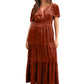 Front view of mocha velvet tiered maxi dress with shirred waist
