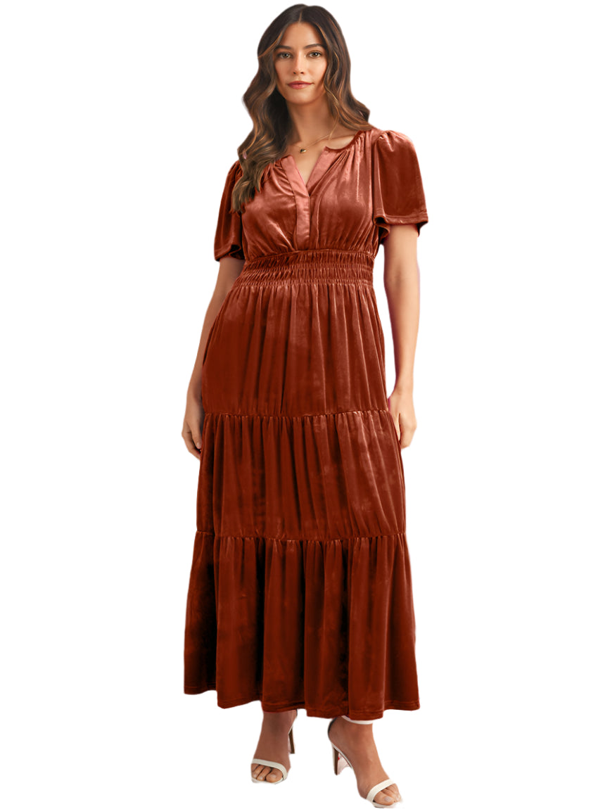 Front view of mocha velvet tiered maxi dress with shirred waist
