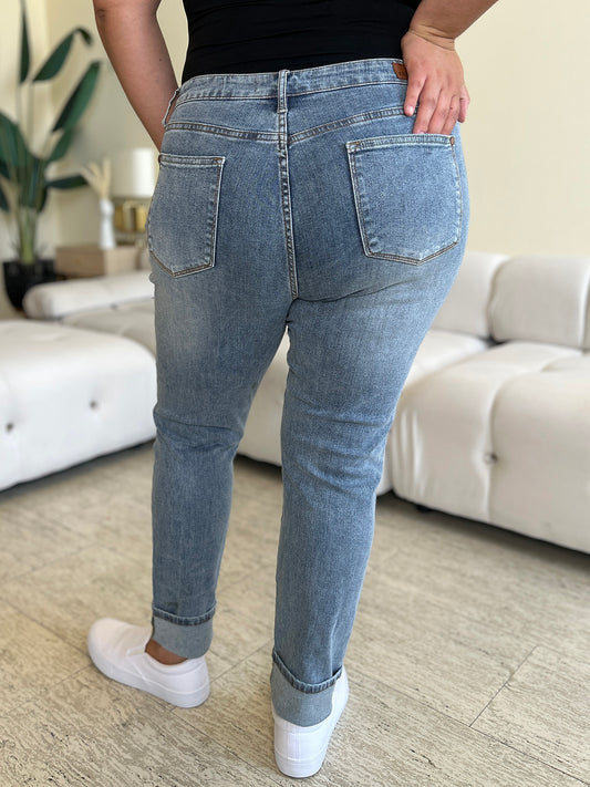 Judy Blue High Waist Cuff Hem Skinny Jeans styled with a casual top and white sneakers.