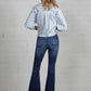 Modern dark wash jeans with high rise and flare
