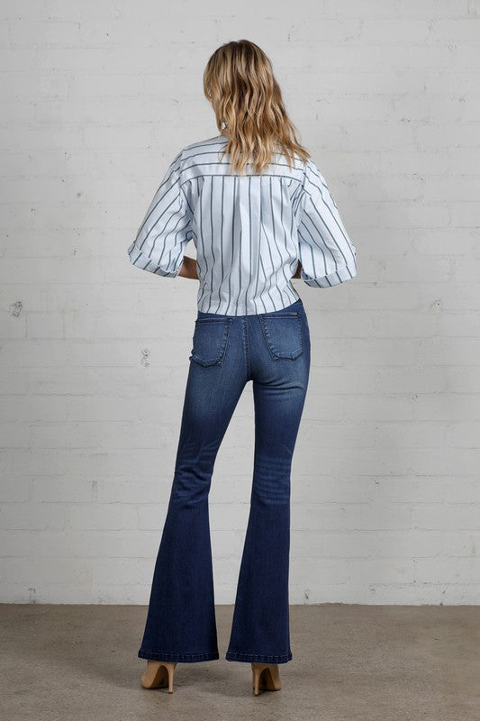 Modern dark wash jeans with high rise and flare
