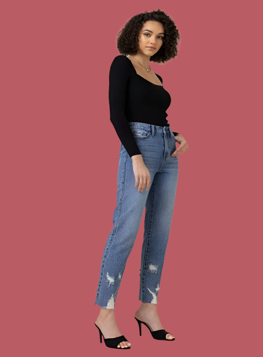 Vibrant M.i.U high waisted straight leg jeans with distressed bottom
