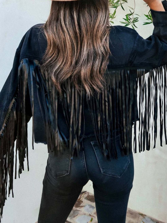 Women's black fringe denim jacket with long fringe along the back, ideal for casual outings.