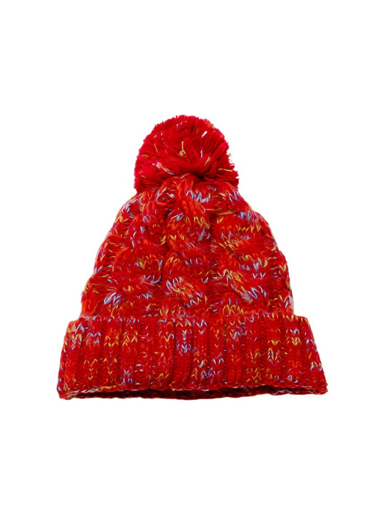 Red multicolor knit pom-pom beanie with vibrant threads and a cozy design, perfect for winter
