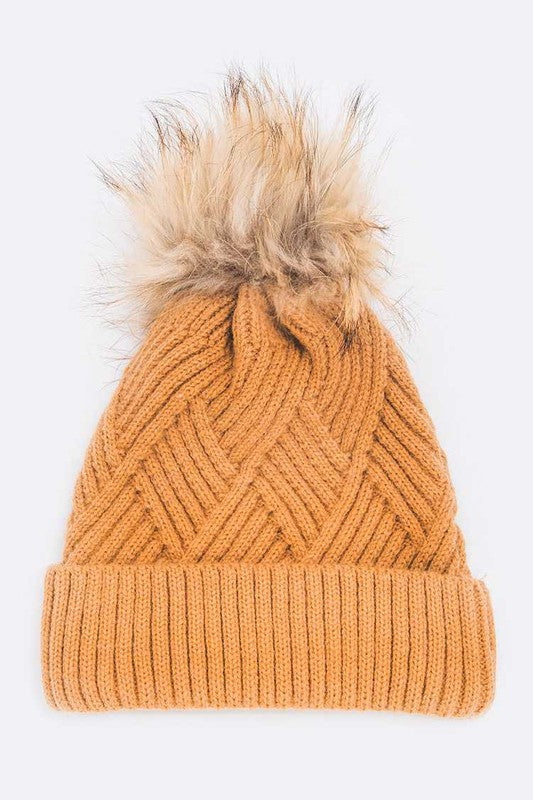 Mustard cable knit beanie with detachable faux fur pom pom
