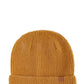 A mustard knit beanie with a leather tab, designed for both warmth and style.
