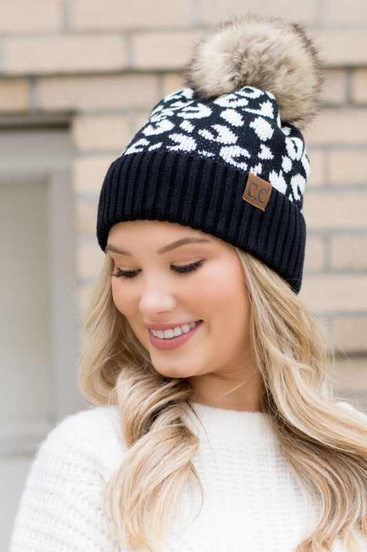 Black winter leopard print beanie with a soft and stretchy fit for teens and adults
