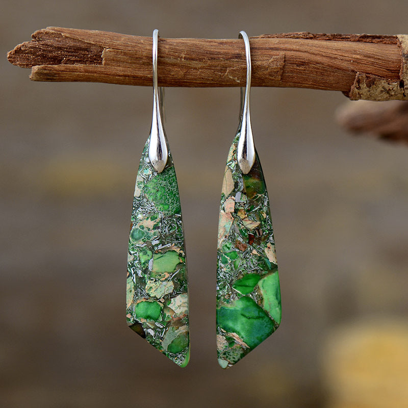 Copper drop earrings with green natural stone design
