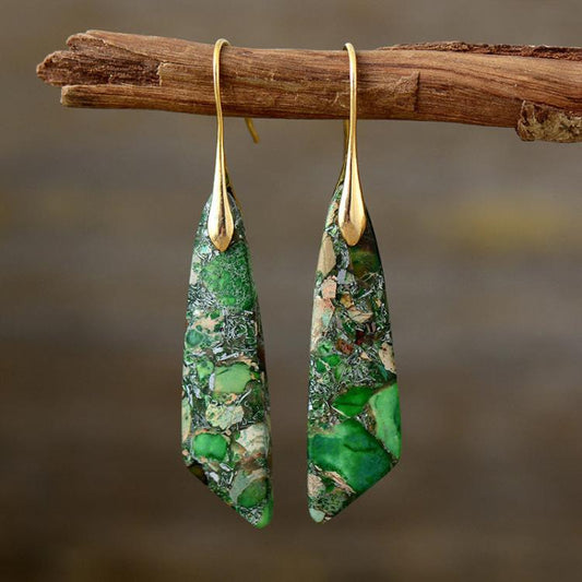 Gold drop earrings with green natural stone design
