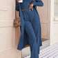 Navy 3-piece women's pant suit with wide-leg pants and a long, flowing duster jacket
