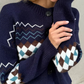 Classic argyle design cardigan in navy for autumn outfits
