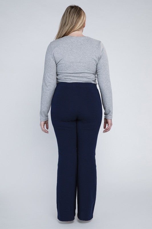 Everyday navy flare pants for women in plus sizes.
