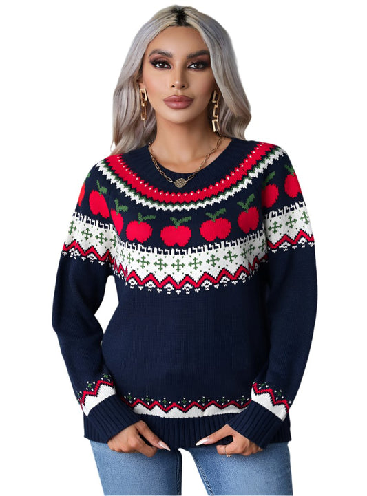 Navy Fair Isle knit sweater with apple design styled casually for winter