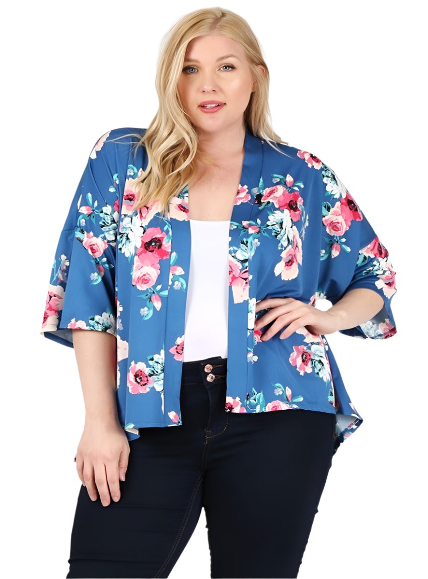 Navy open-front floral cardigan with relaxed fit and short sleeves