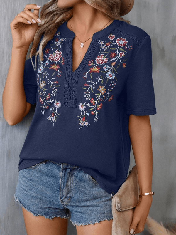 Floral Notched V-Neck Embroidered Woven Blouse | Boho Aesthetic | Appalachian Clothing