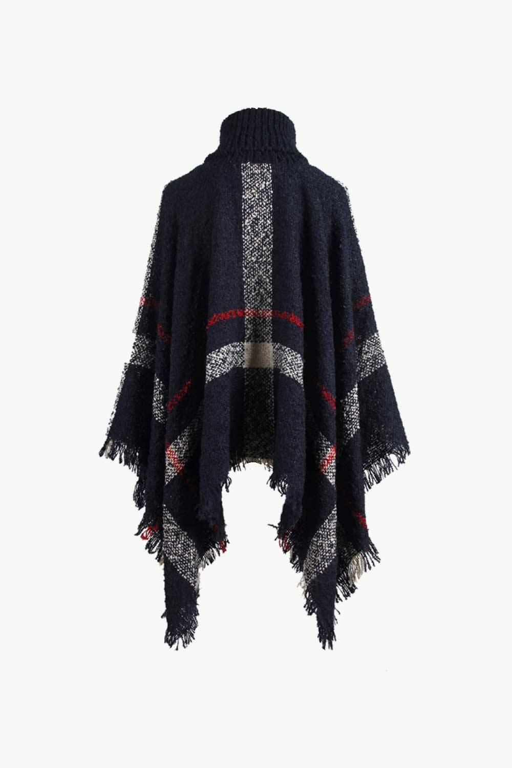 Cozy navy plaid poncho with fringe and turtleneck design.
