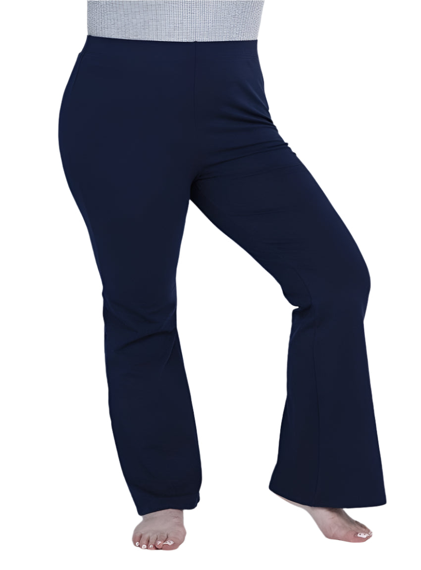 Plus size navy flare bottoms with an elastic waist.
