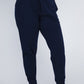 Navy plus-size jogger pants shown in a front view.
